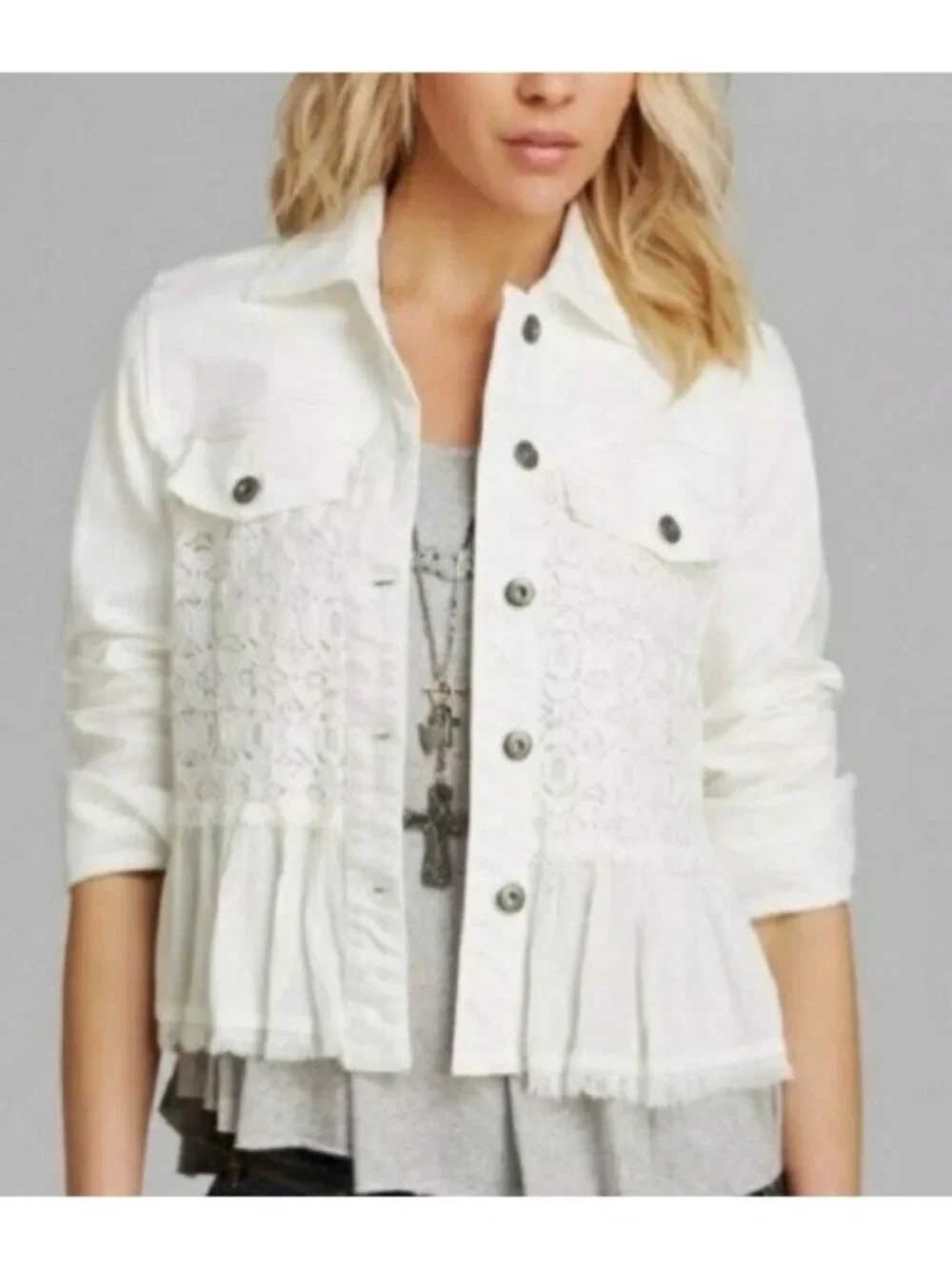 Free People White Lace Peplum Hem Jean Jacket 2